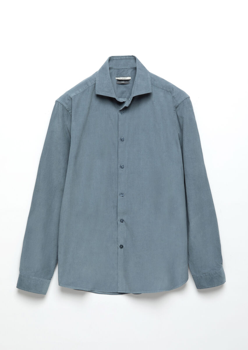 Blue Plain Casual Fit Long Weaving Casual 100% Cotton Shirt - 8