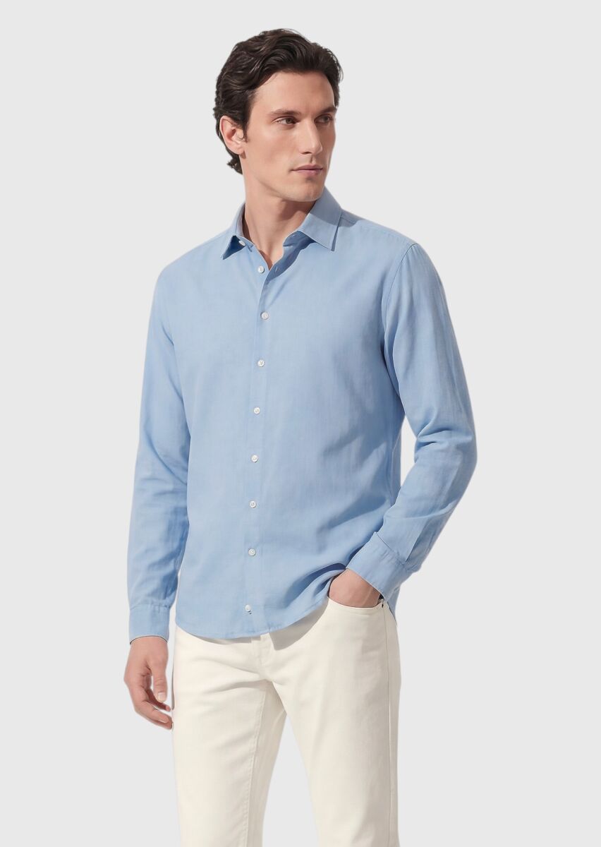 Blue Plain Casual Fit Long Weaving Casual 100% Cotton Shirt - 1