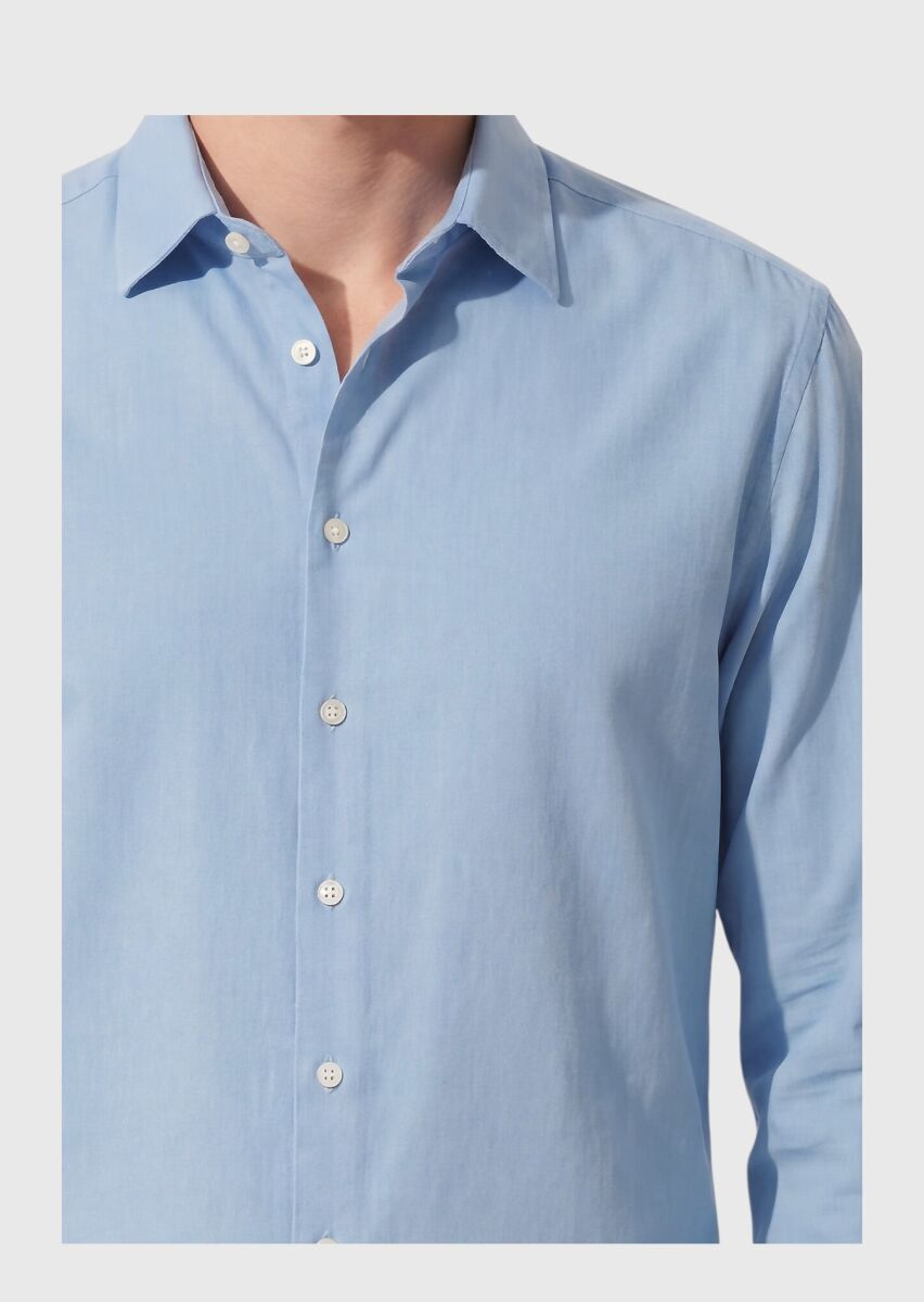 Blue Plain Casual Fit Long Weaving Casual 100% Cotton Shirt - 2