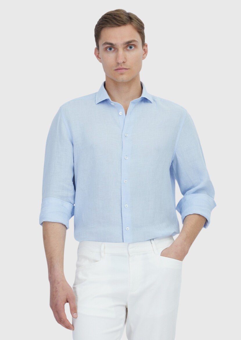 Blue Plain Casual Fit Long Weaving Casual 100% Linen Shirt - 1