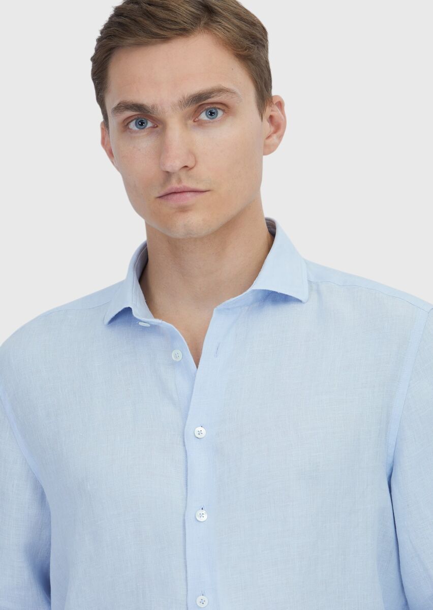 Blue Plain Casual Fit Long Weaving Casual 100% Linen Shirt - 3