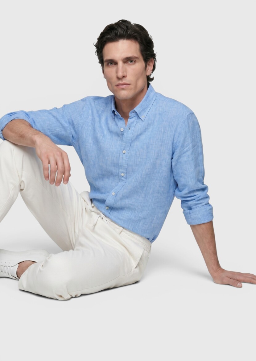 Blue Plain Casual Fit Long Weaving Casual 100% Linen Shirt - RAMSEY