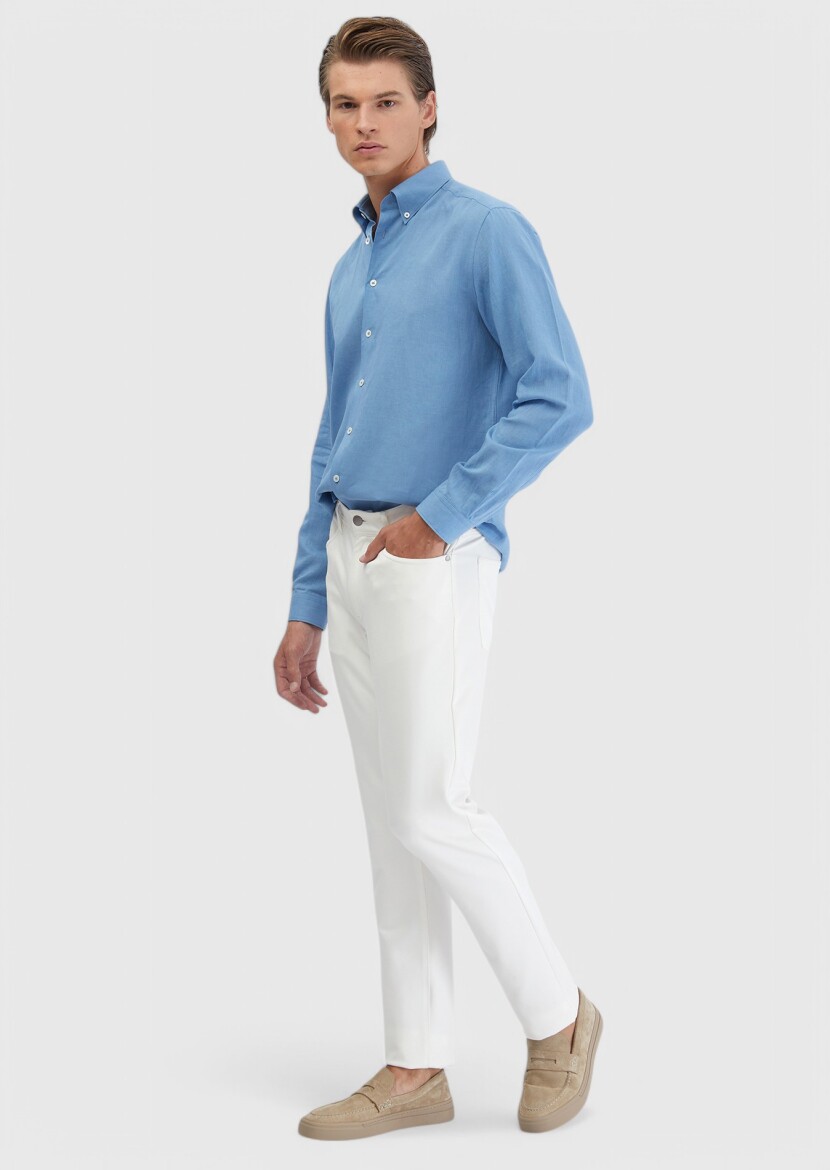 Blue Plain Casual Fit Long Weaving Casual Cotton Blended Shirt - 3