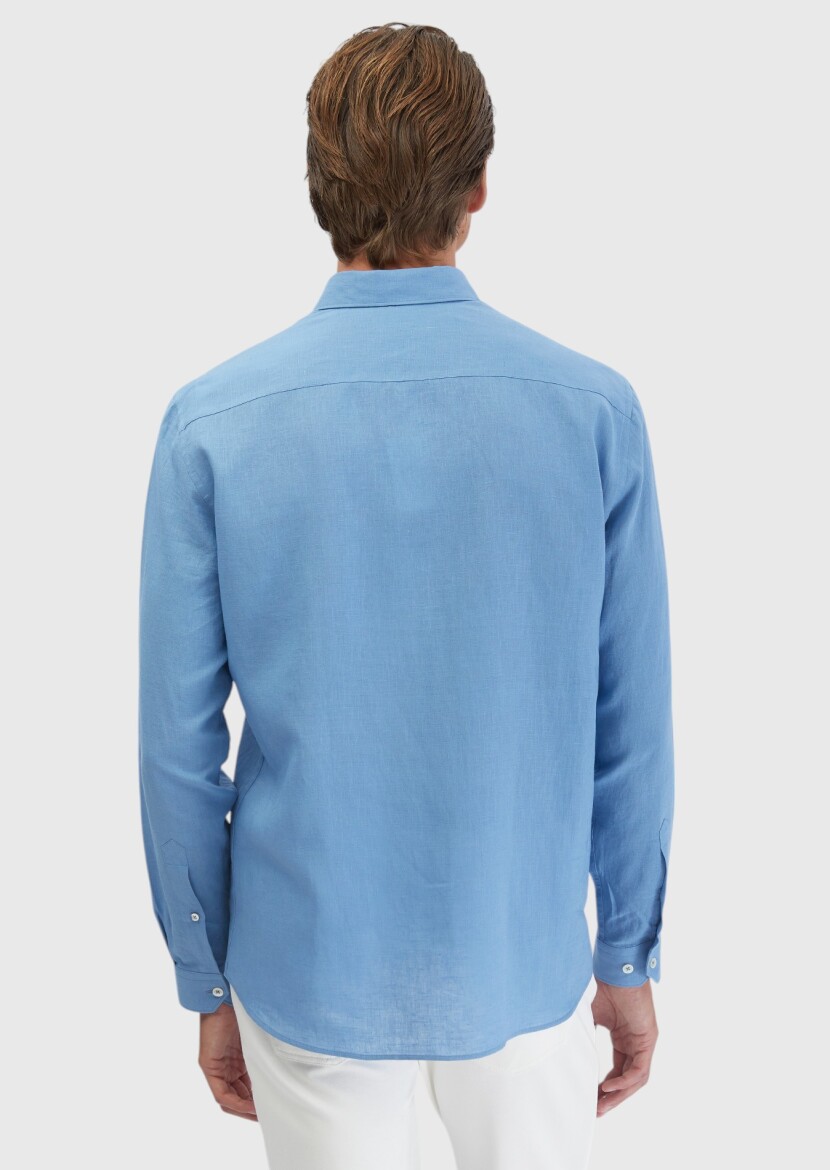 Blue Plain Casual Fit Long Weaving Casual Cotton Blended Shirt - 7