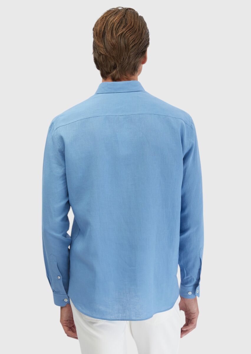 Blue Plain Casual Fit Long Weaving Casual Cotton Blended Shirt - 7