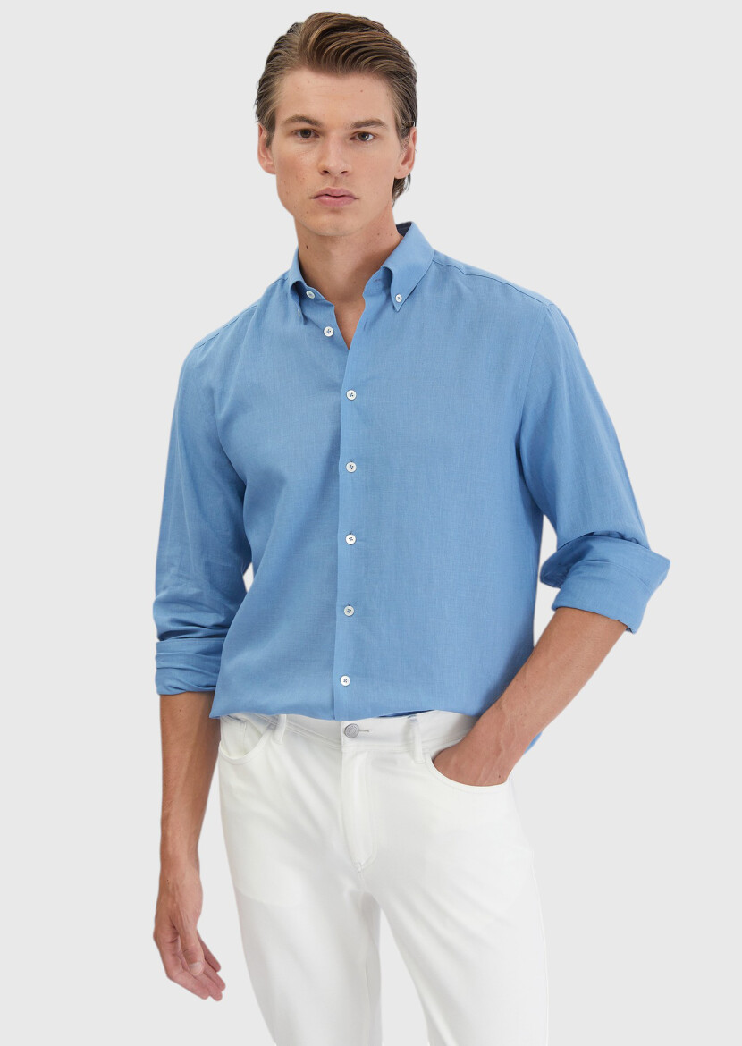 Blue Plain Casual Fit Long Weaving Casual Cotton Blended Shirt - RAMSEY