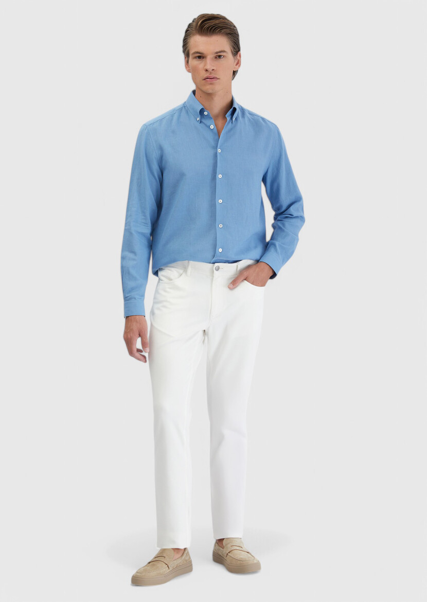 Blue Plain Casual Fit Long Weaving Casual Cotton Blended Shirt - RAMSEY