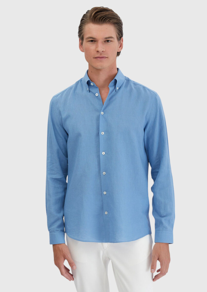 Blue Plain Casual Fit Long Weaving Casual Cotton Blended Shirt - 3