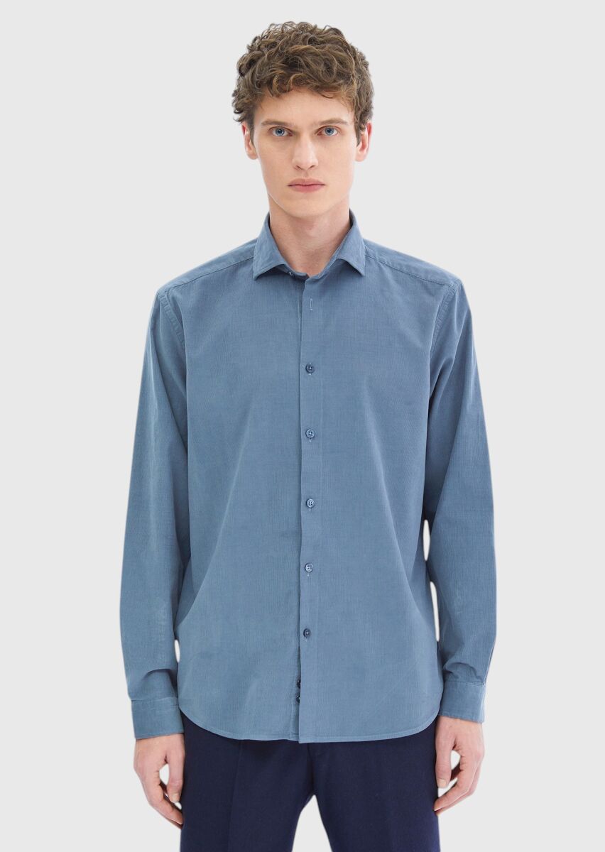 Blue Plain Casual Fit Weaving Casual 100% Cotton Shirt - 1