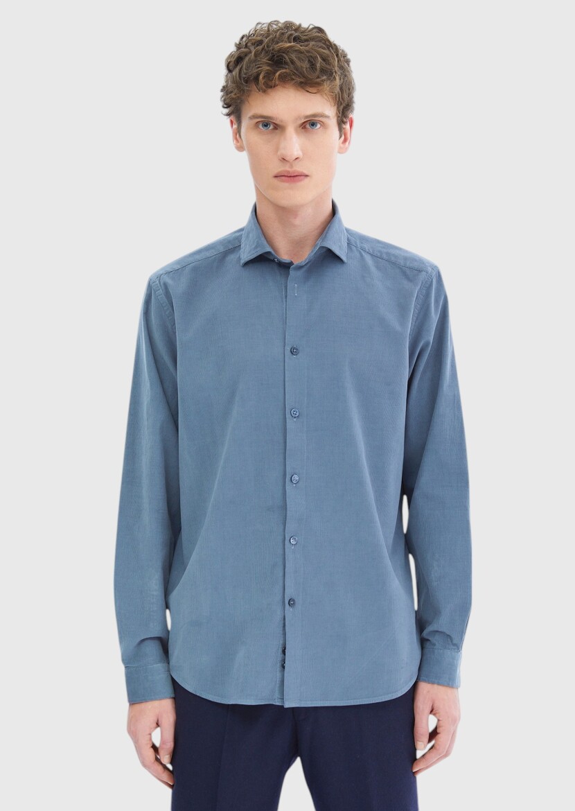 Blue Plain Casual Fit Weaving Casual 100% Cotton Shirt 