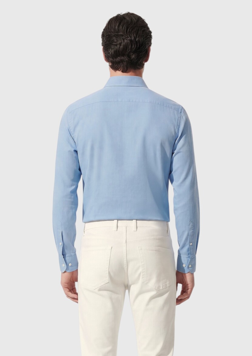 Blue Plain Casual Fit Weaving Casual 100% Cotton Shirt - 4