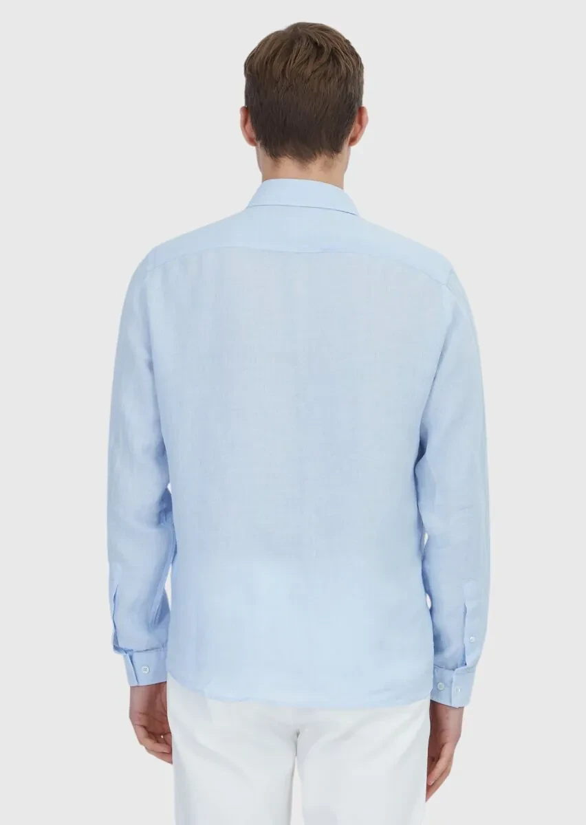 Blue Plain Casual Fit Weaving Casual 100% Linen Shirt - 6