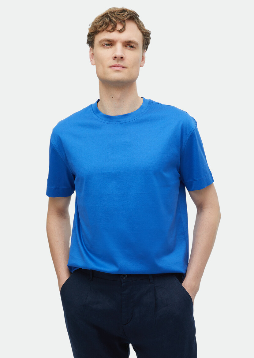 Blue Plain Crew Neck 100% Cotton T-Shirt 