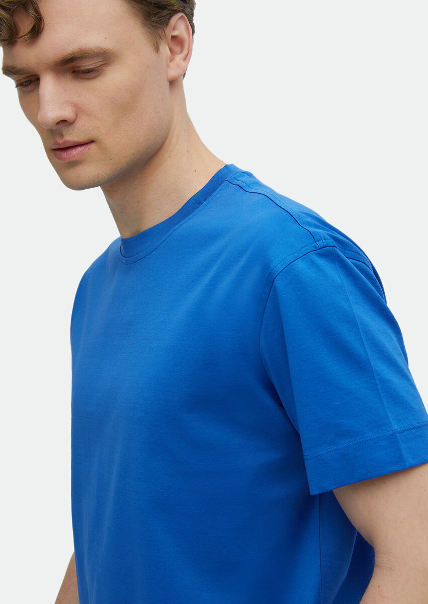 Blue Plain Crew Neck 100% Cotton T-Shirt - 4