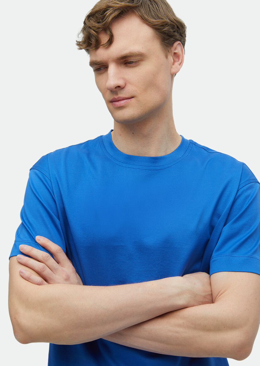 Blue Plain Crew Neck 100% Cotton T-Shirt - 5