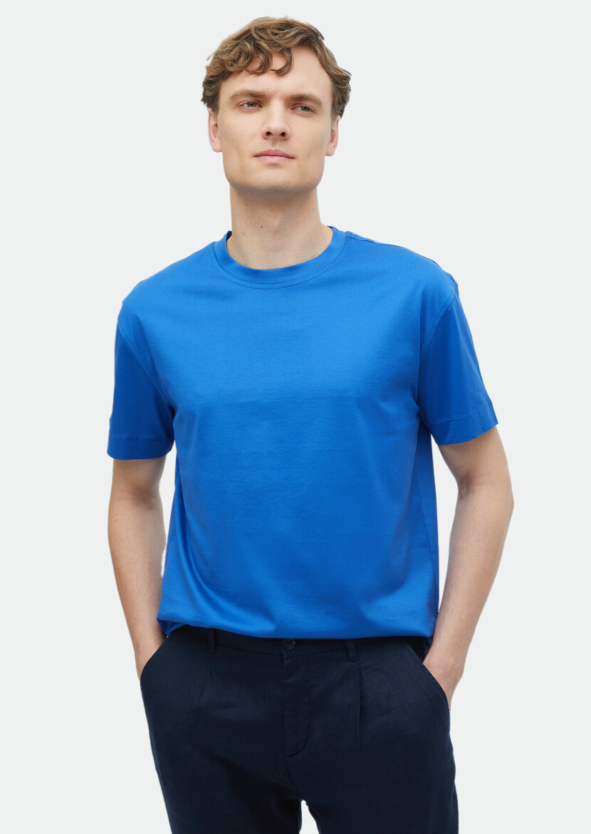 Blue Plain Crew Neck 100% Cotton T-Shirt - 1