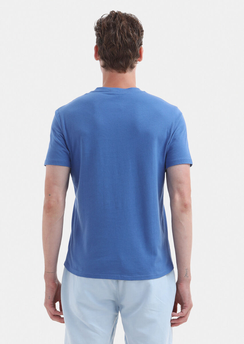 Blue Plain Crew Neck 100% Cotton T-Shirt - 5