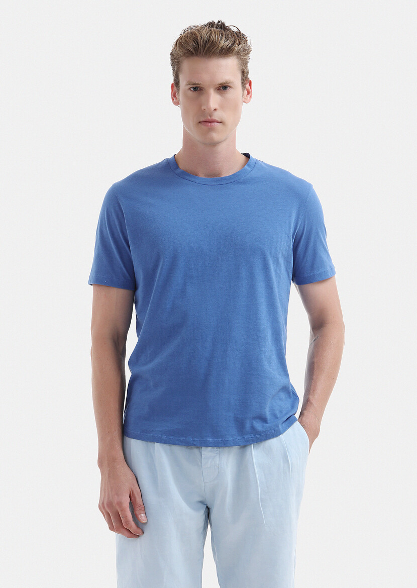 Blue Plain Crew Neck 100% Cotton T-Shirt - 1