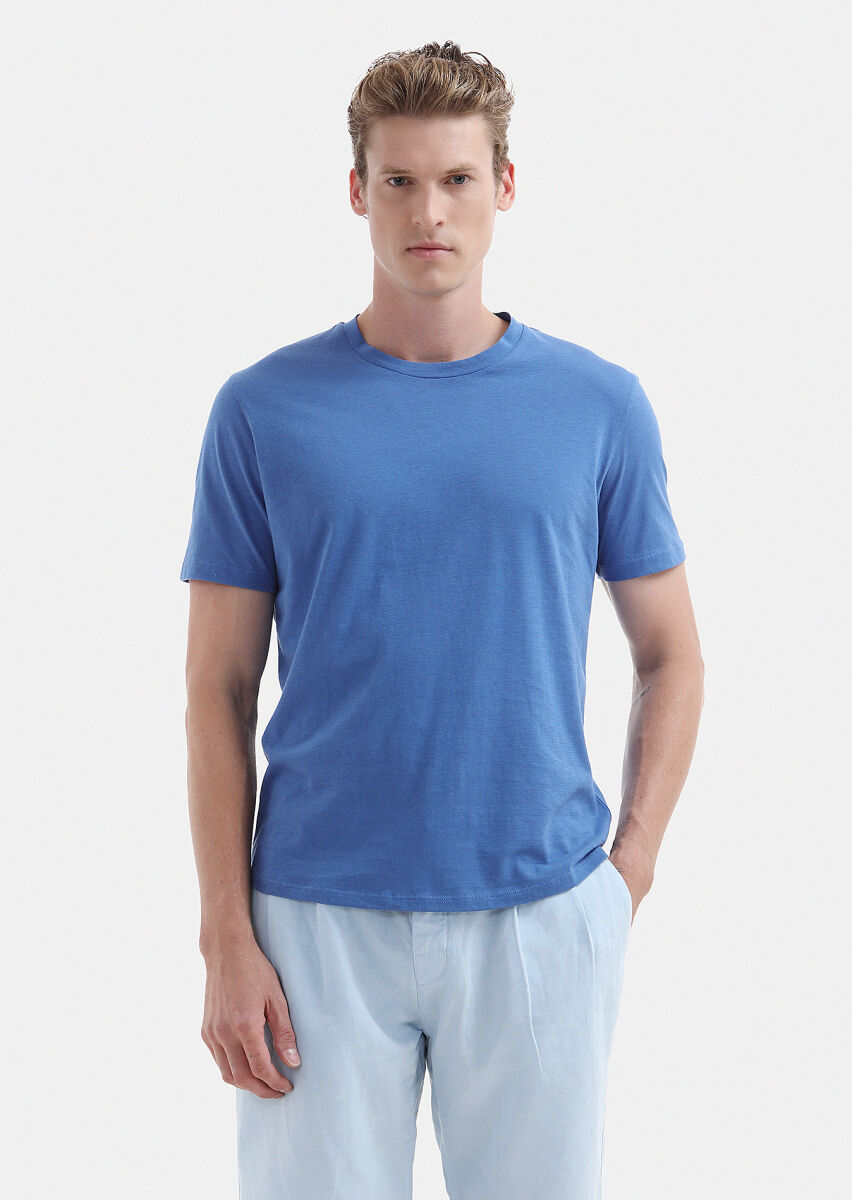 Blue Plain Crew Neck 100% Cotton T-Shirt - 1