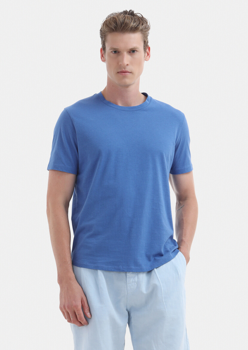 Blue Plain Crew Neck 100% Cotton T-Shirt - 4