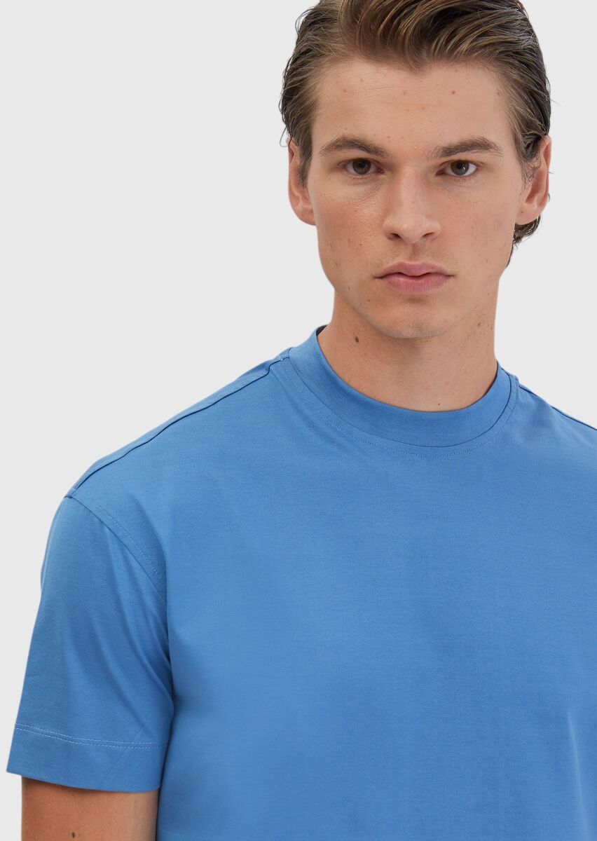 Blue Plain Crew Neck 100% Cotton T-Shirt - 4