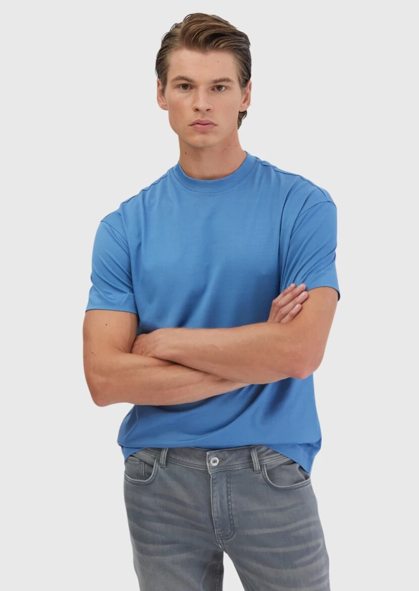 Blue Plain Crew Neck 100% Cotton T-Shirt - 3