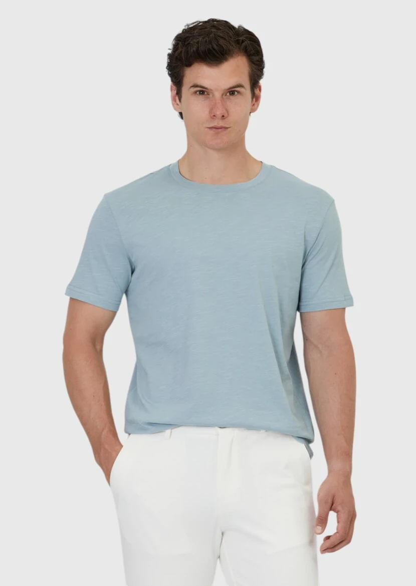 Blue Plain Crew Neck 100% Cotton T-Shirt - RAMSEY