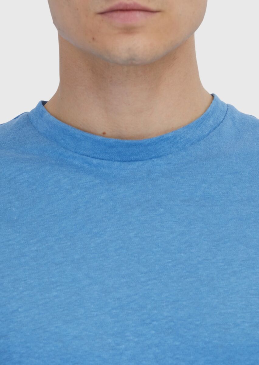 Blue Plain Crew Neck 100% Linen T-Shirt - 4