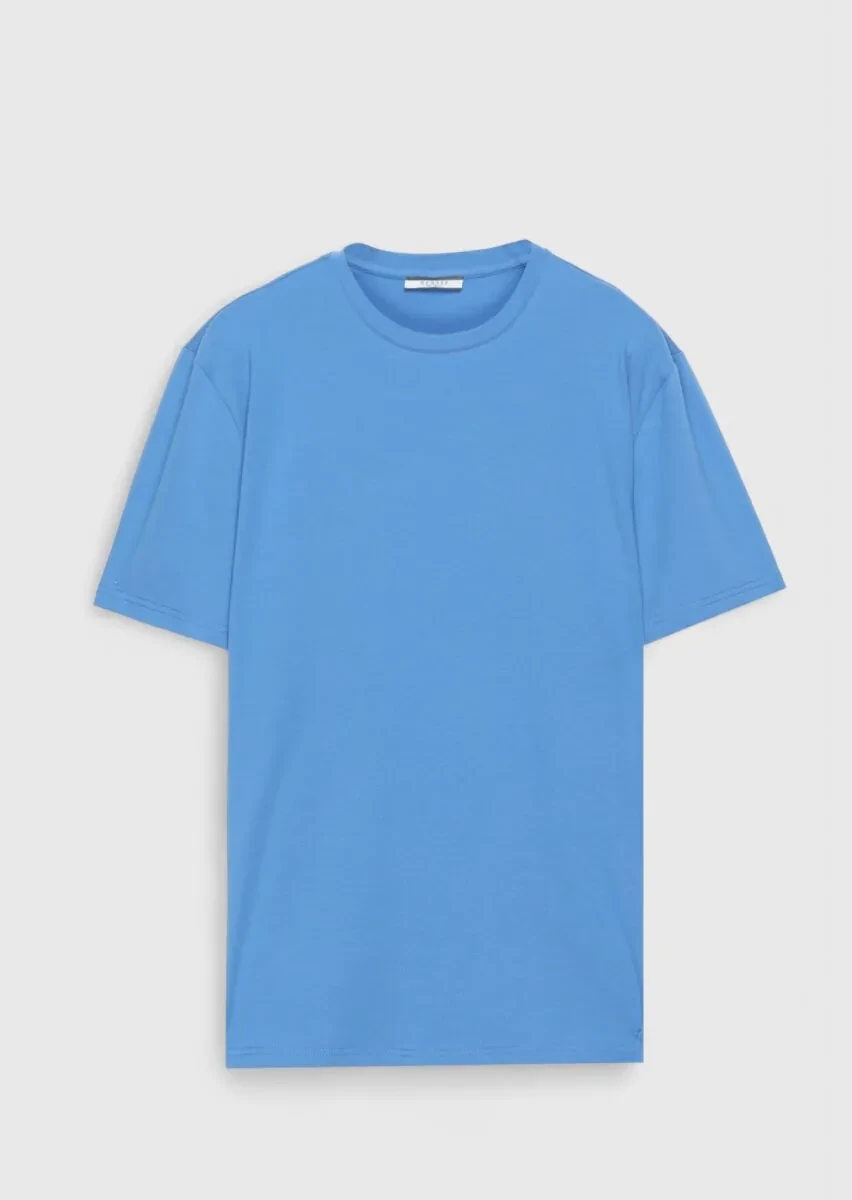 Blue Plain Crew Neck Cotton Blended T-Shirt - 1