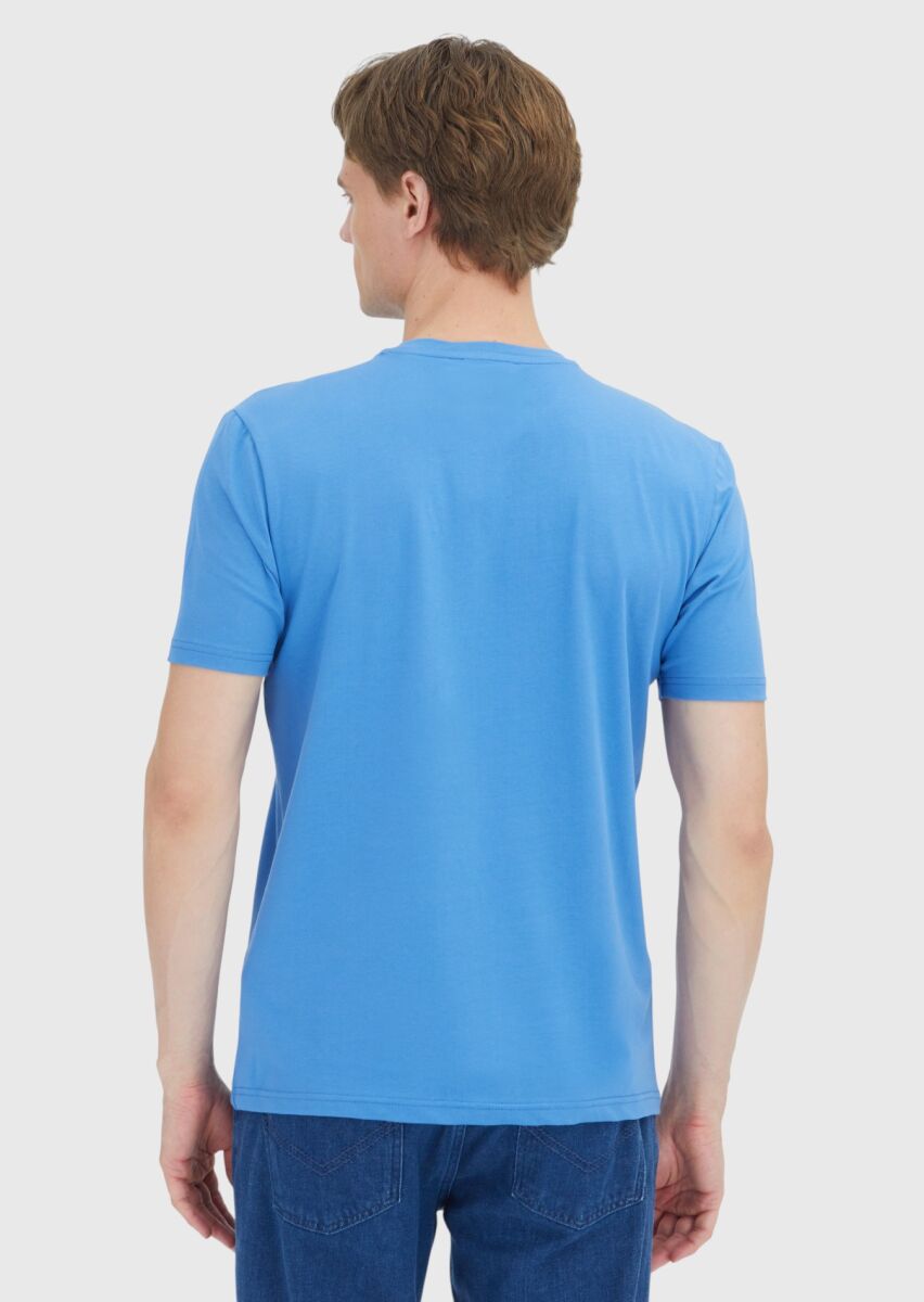 Blue Plain Crew Neck Cotton Blended T-Shirt - 5