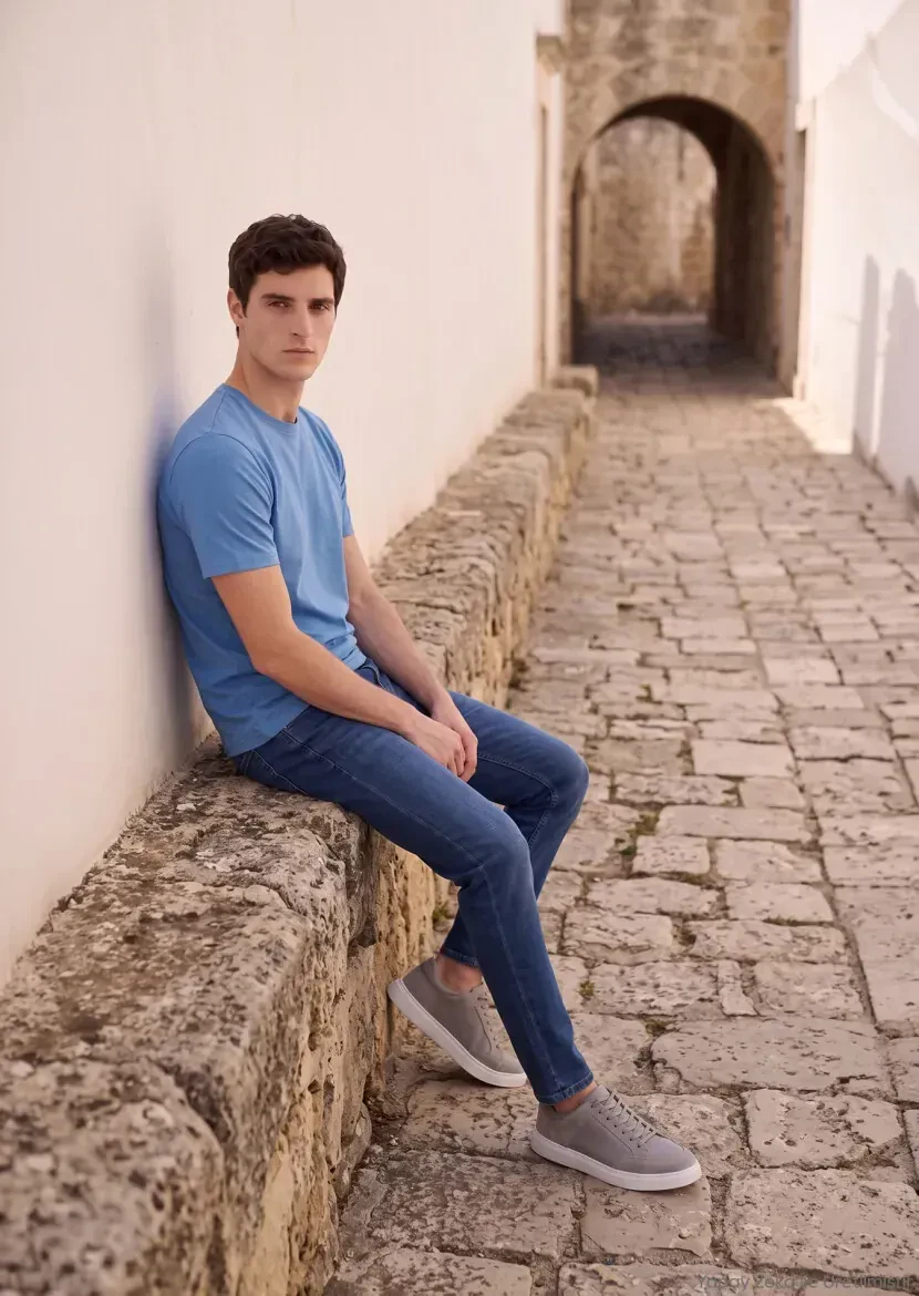 Blue Plain Crew Neck Cotton Blended T-Shirt - RAMSEY
