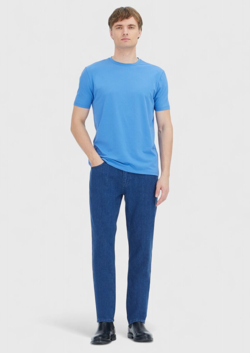 Blue Plain Crew Neck Cotton Blended T-Shirt - 2