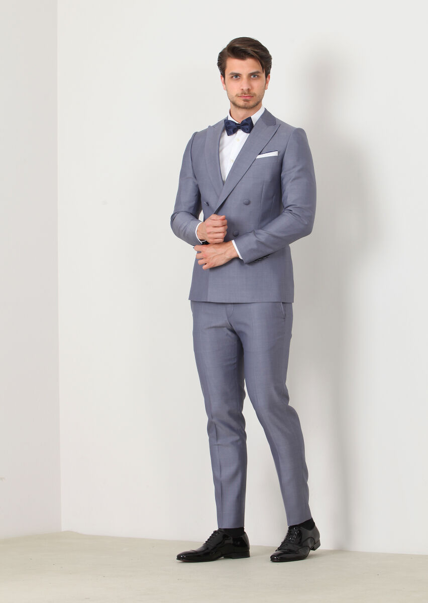 Blue Plain Fashion Slim Fit Double Breasted Collar Weaving Tuxedo - 2