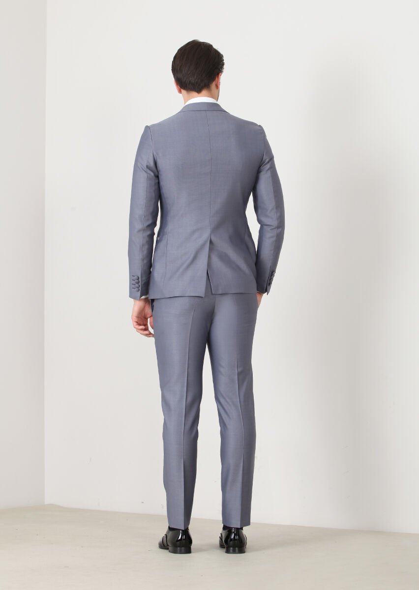 Blue Plain Fashion Slim Fit Double Breasted Collar Weaving Tuxedo - 3