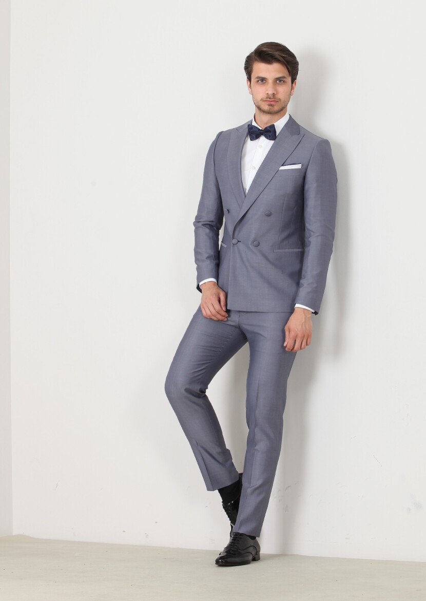 Blue Plain Fashion Slim Fit Double Breasted Collar Weaving Tuxedo - 3