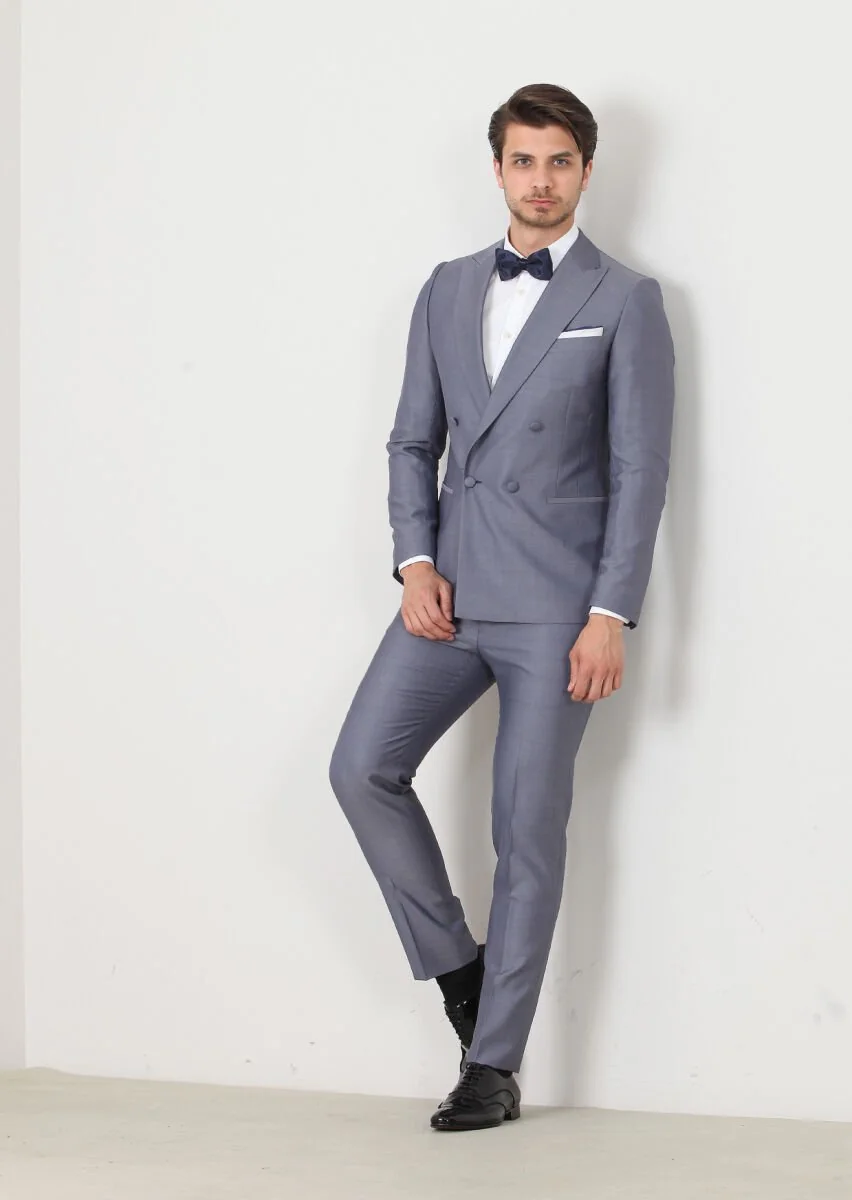 Blue Plain Fashion Slim Fit Double Breasted Collar Weaving Tuxedo - 3