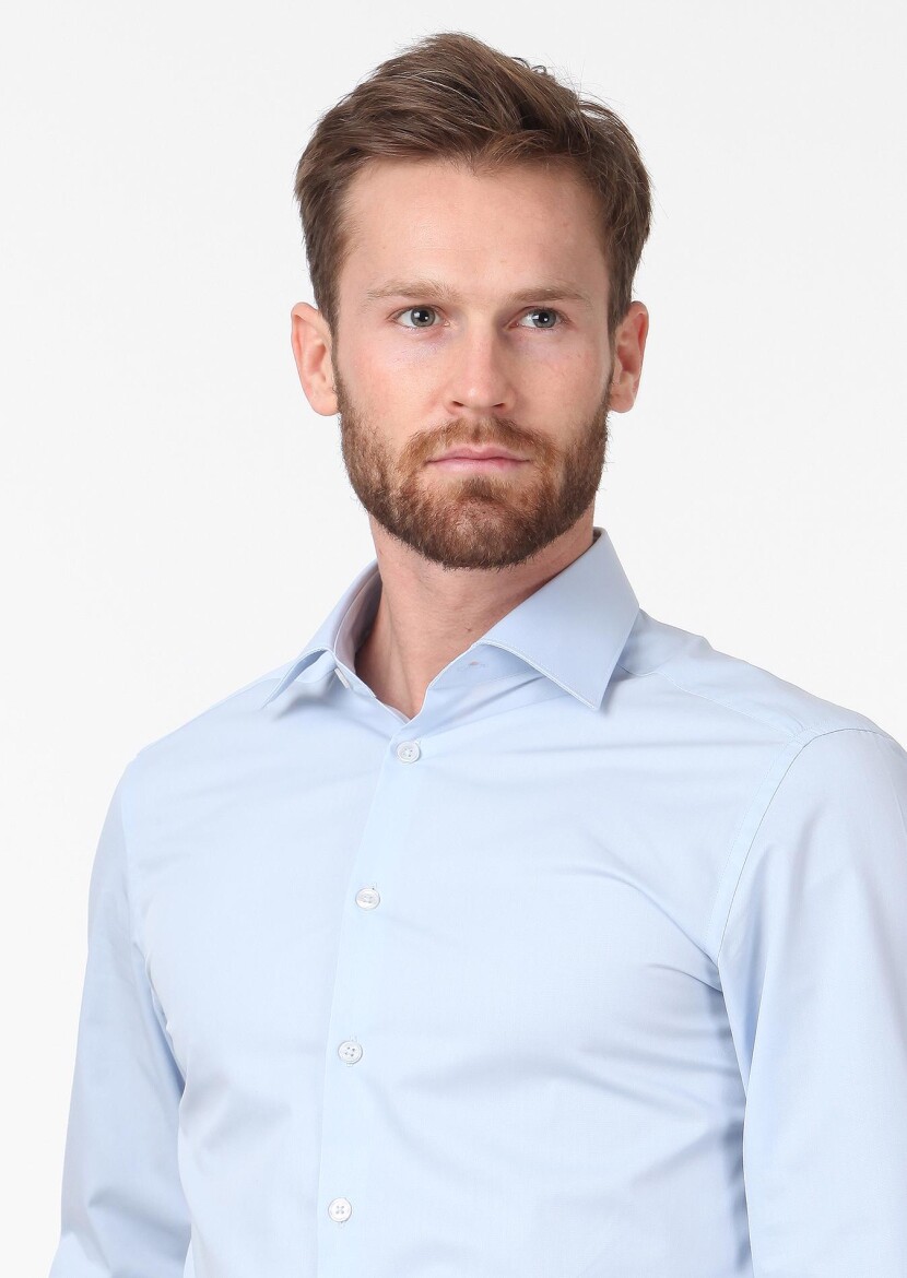 Blue Plain Fitted Fit Weaving Classical Cotton Blended Shirt - 2