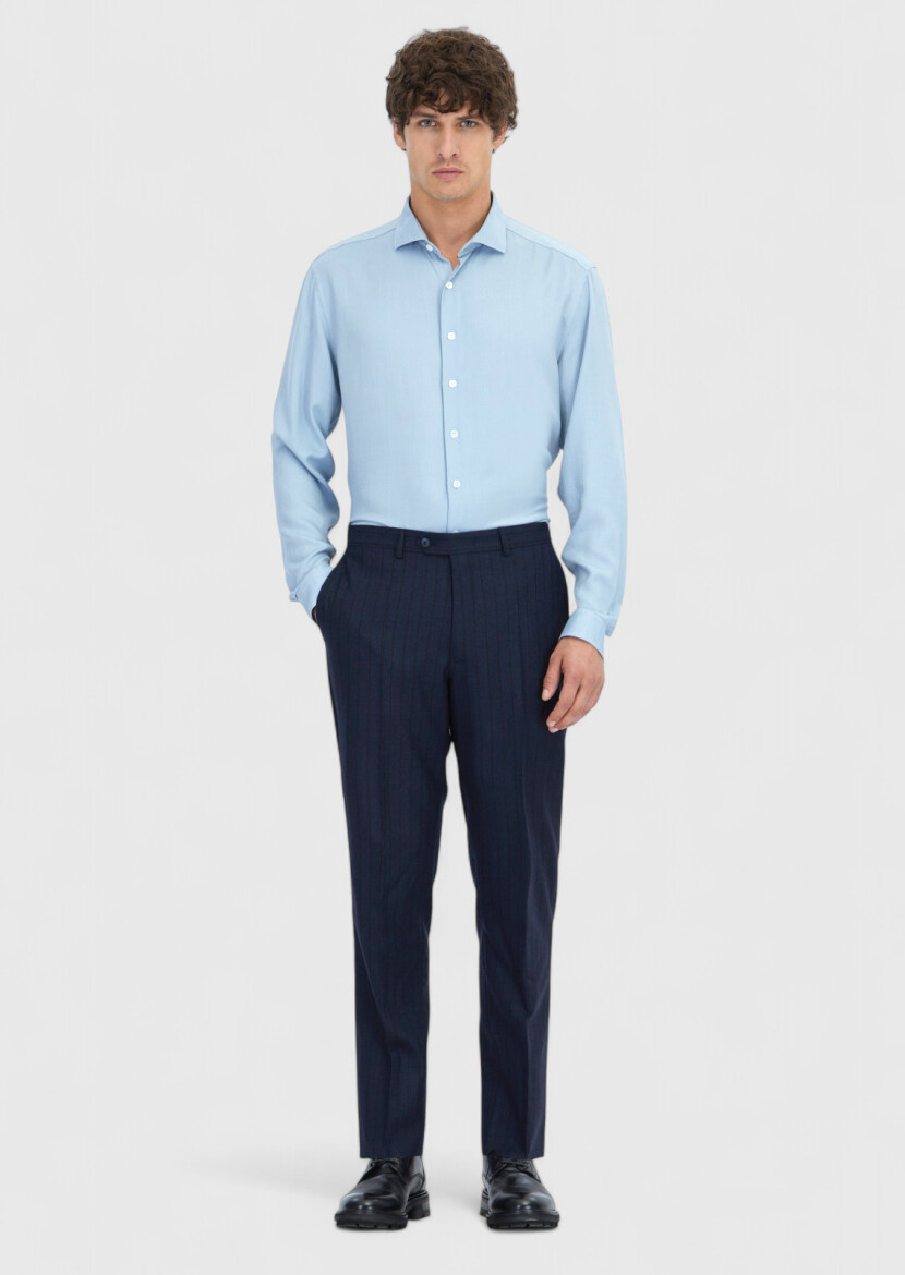 Blue Plain Long Weaving Casual Shirt 