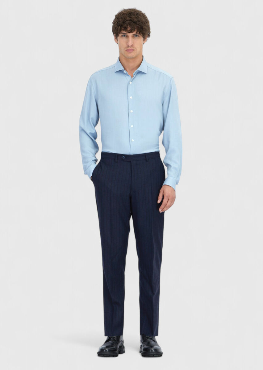 Blue Plain Long Weaving Casual Shirt - 2