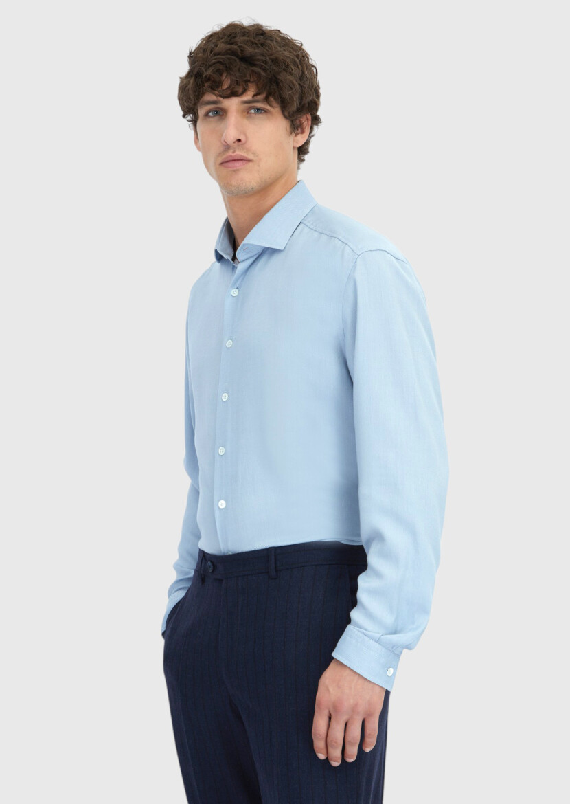 Blue Plain Long Weaving Casual Shirt - 3