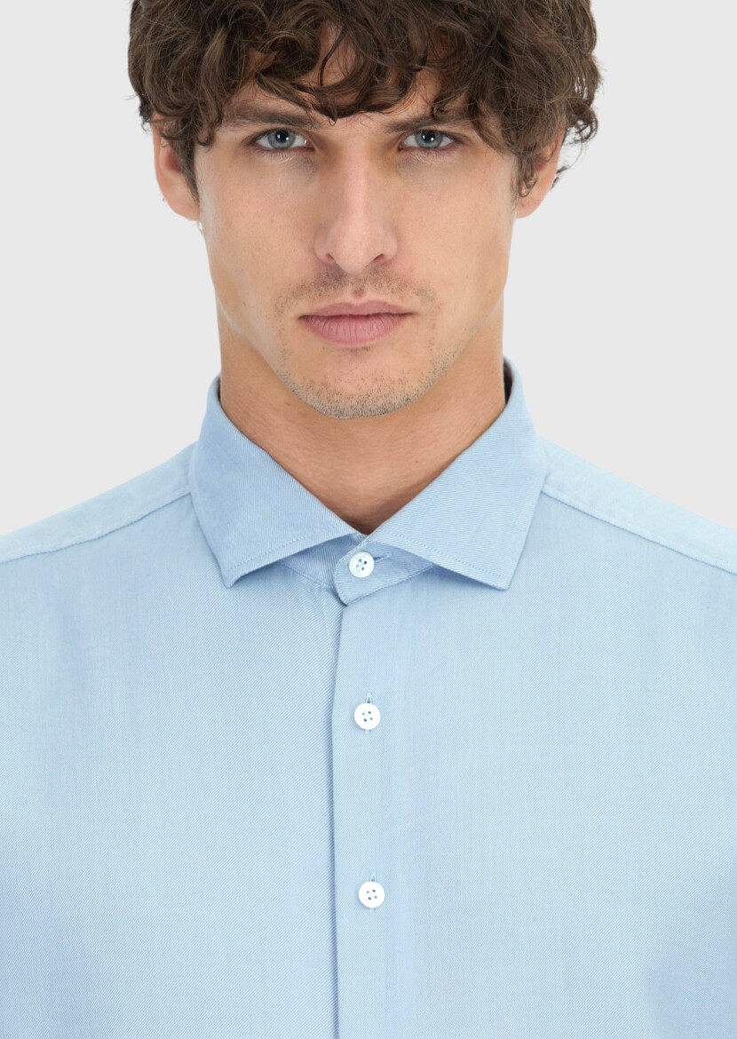 Blue Plain Long Weaving Casual Shirt - 4