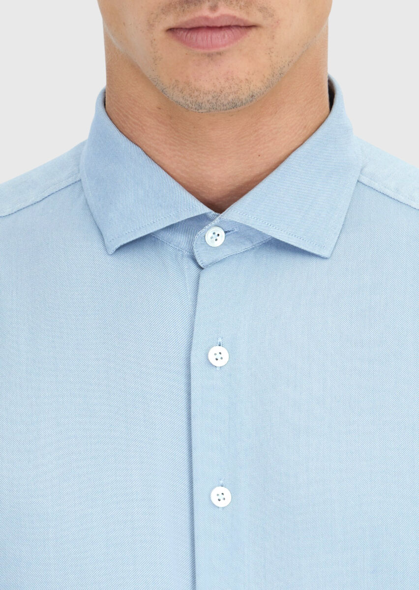 Blue Plain Long Weaving Casual Shirt - 5