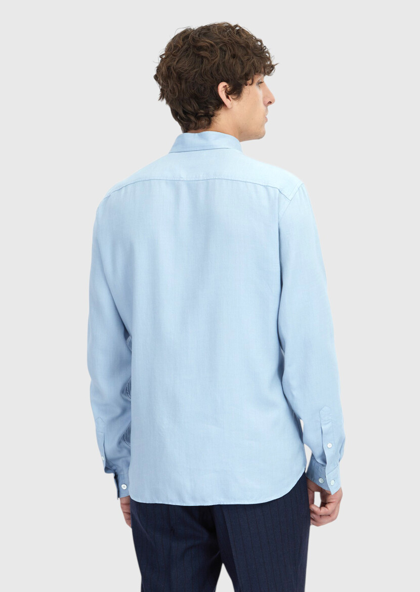 Blue Plain Long Weaving Casual Shirt - 6