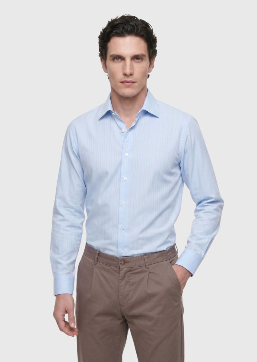 Blue Plain Long Weaving Classical 100% Cotton Shirt - 1