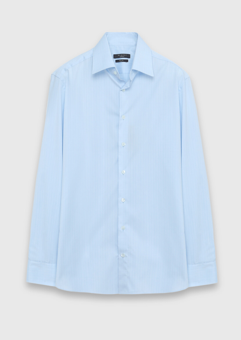 Blue Plain Long Weaving Classical 100% Cotton Shirt - 6