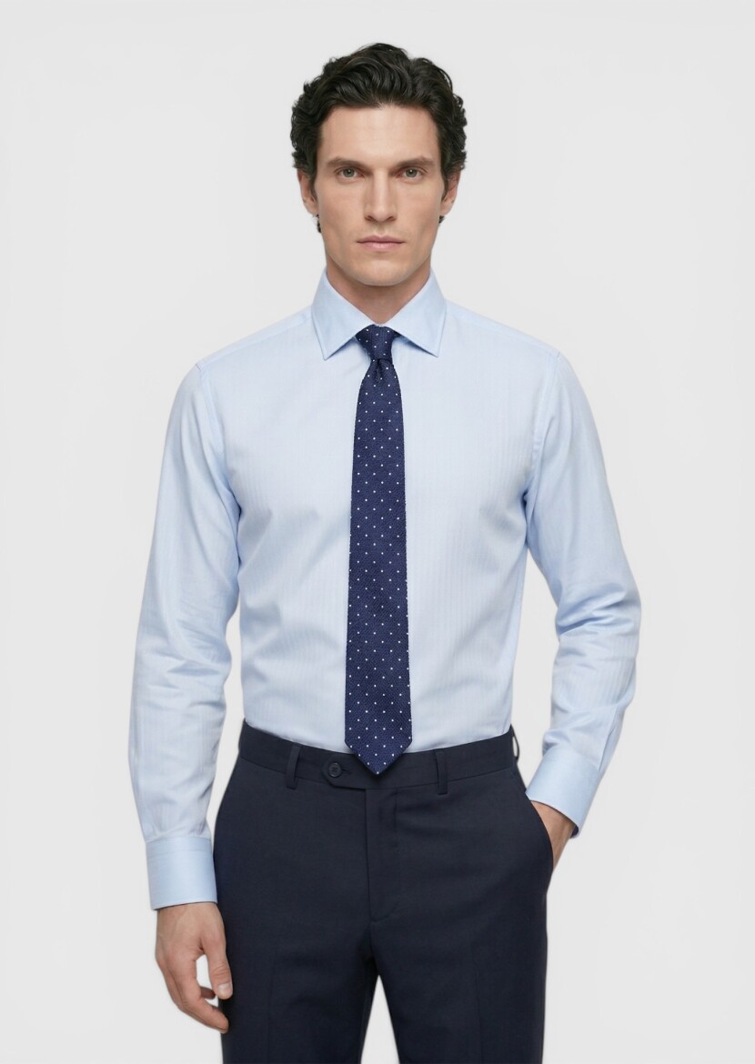 Blue Plain Long Weaving Classical 100% Cotton Shirt - 1