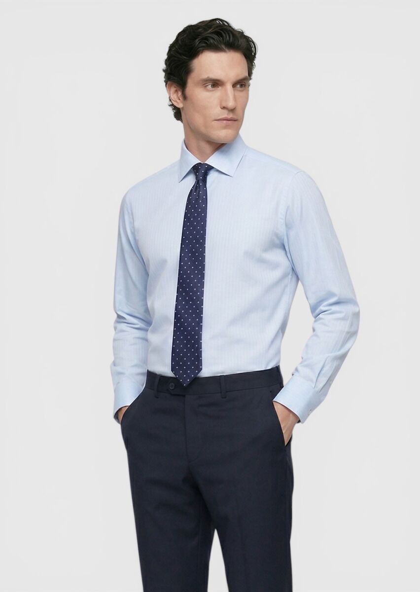 Blue Plain Long Weaving Classical 100% Cotton Shirt - 3