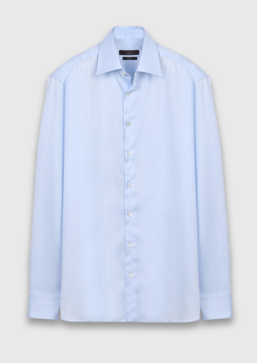 Blue Plain Long Weaving Classical 100% Cotton Shirt - 5
