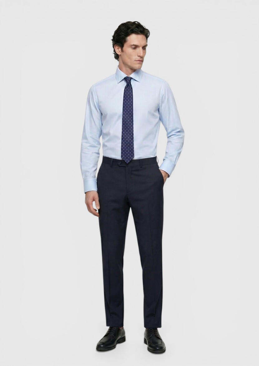 Blue Plain Long Weaving Classical 100% Cotton Shirt - RAMSEY