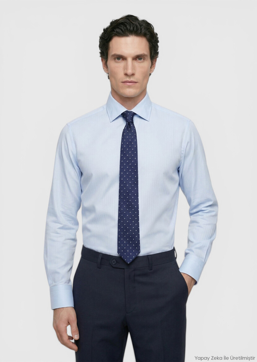Blue Plain Long Weaving Classical 100% Cotton Shirt - RAMSEY